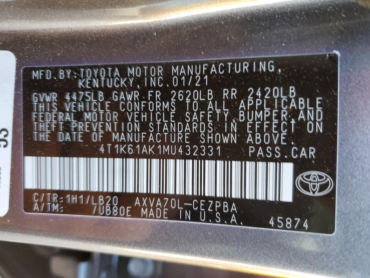 2021 Toyota Camry Xse vin: 4T1K61AK1MU432331