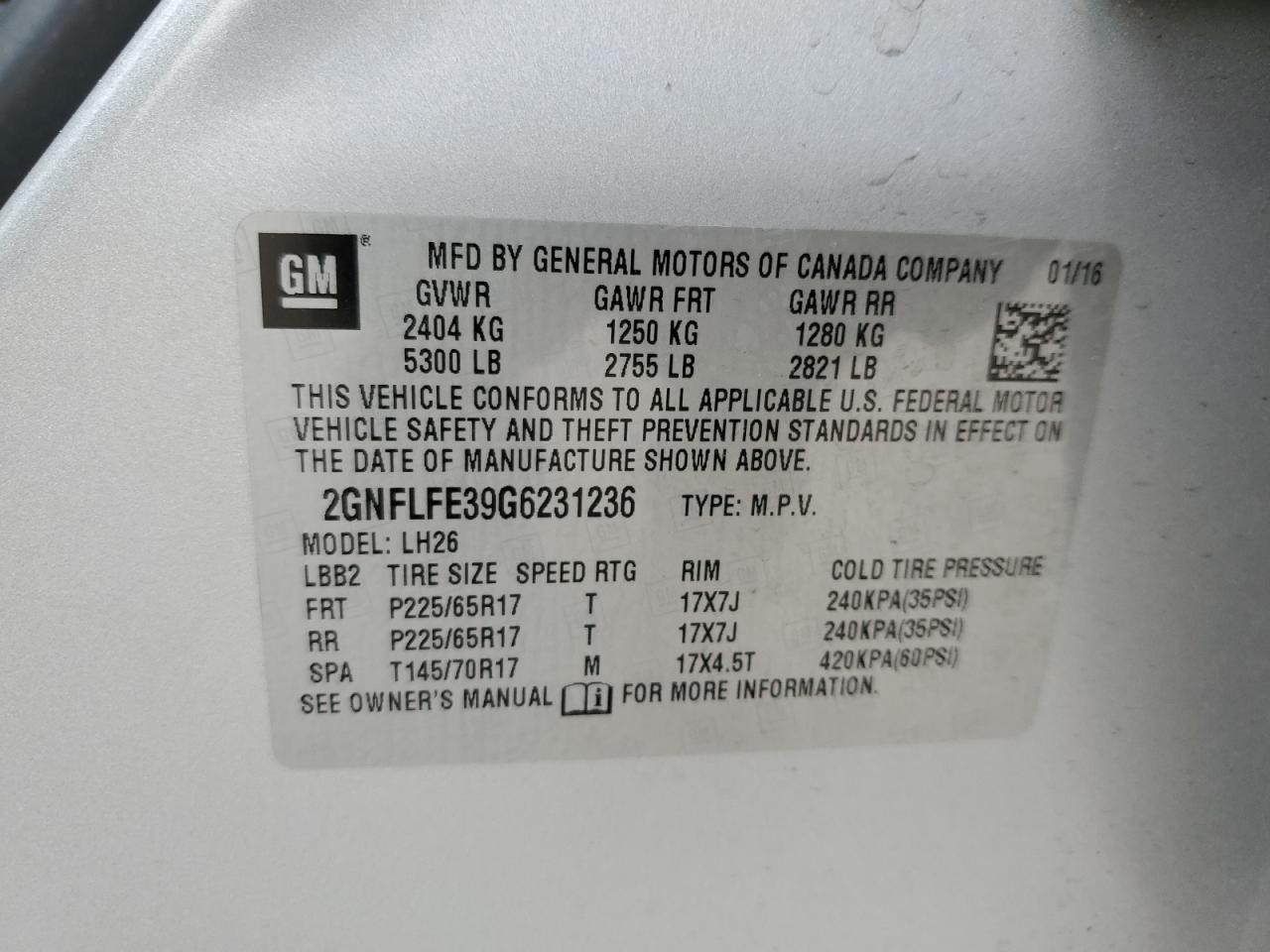 2GNFLFE39G6231236 2016 Chevrolet Equinox Lt