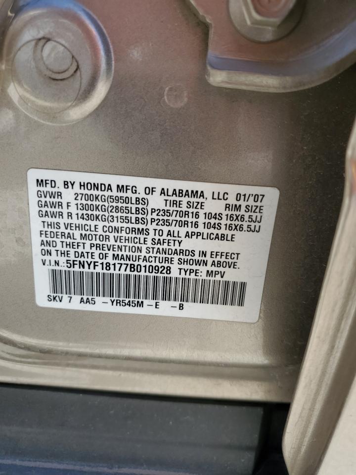 5FNYF18177B010928 2007 Honda Pilot Lx