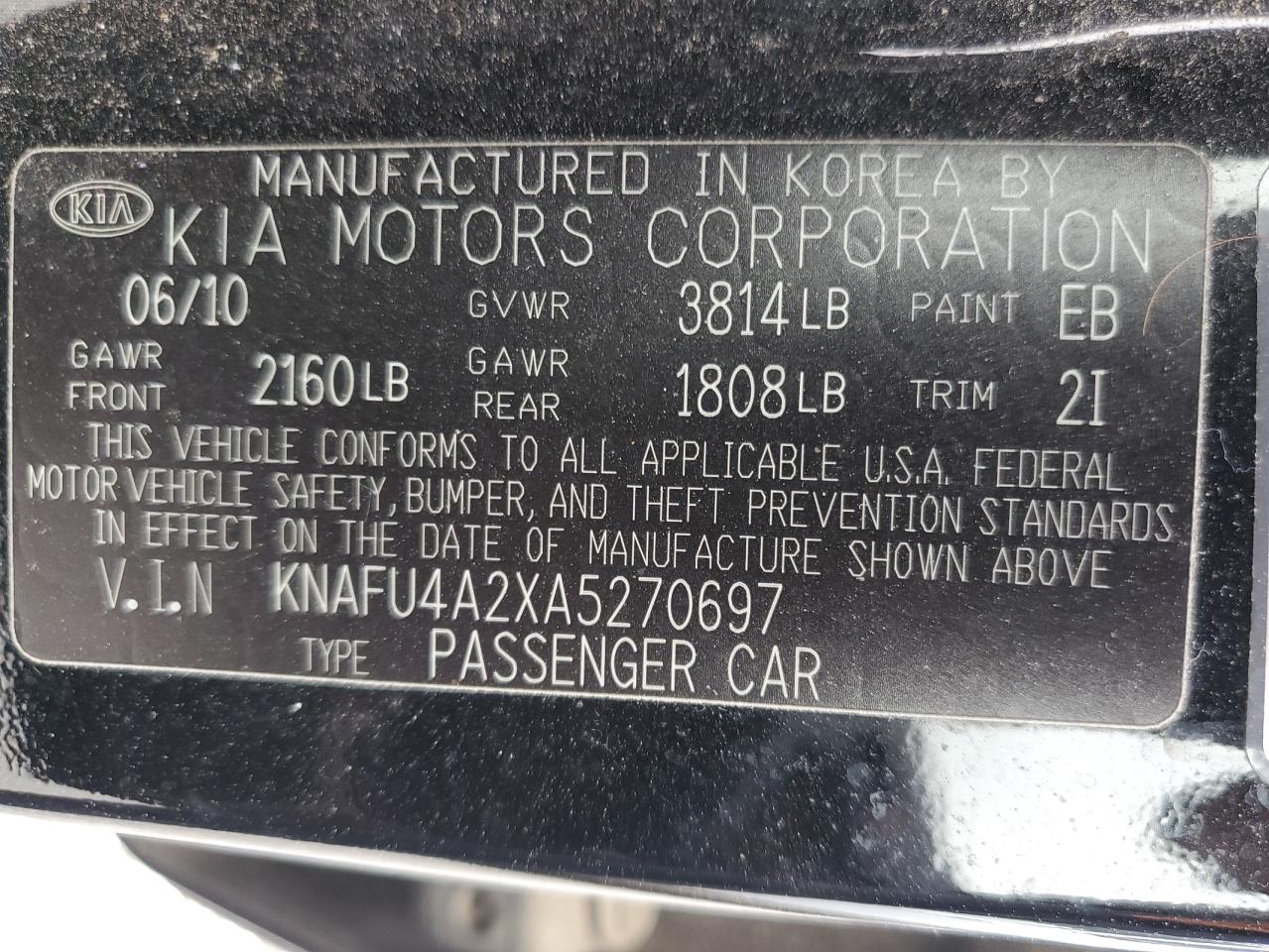 KNAFU4A2XA5270697 2010 Kia Forte Ex