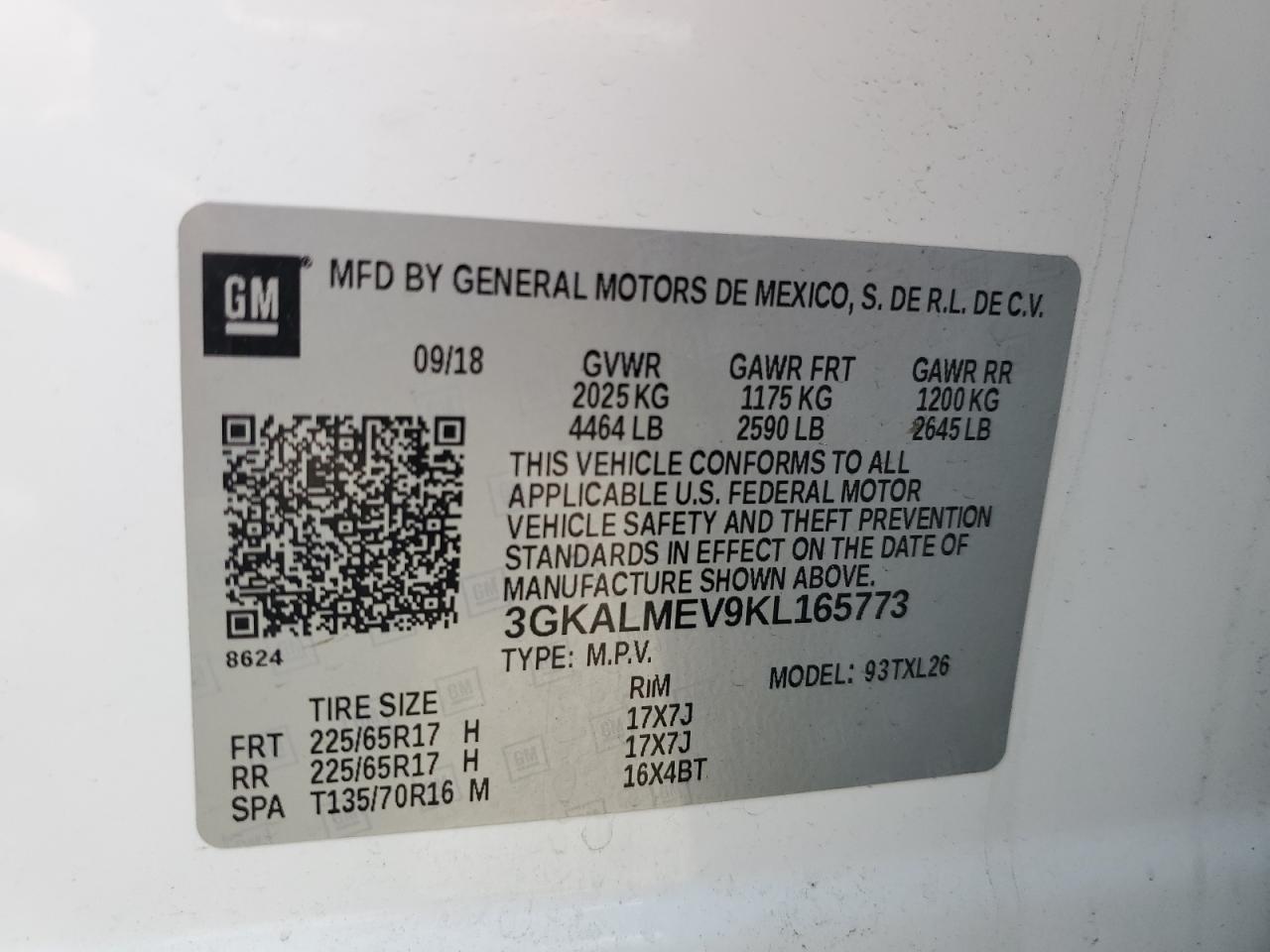 3GKALMEV9KL165773 2019 GMC Terrain Sle