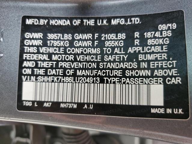 2020 Honda Civic Exl VIN: SHHFK7H86LU204913 Lot: 51299394