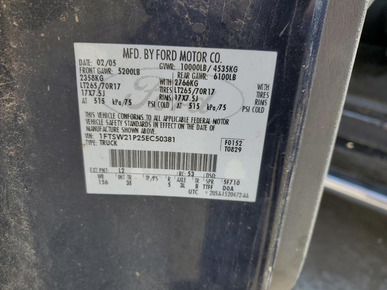 1FTSW21P25EC50381 2005 Ford F250 Super Duty