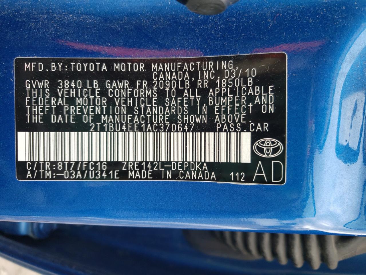 2T1BU4EE1AC370647 2010 Toyota Corolla Base