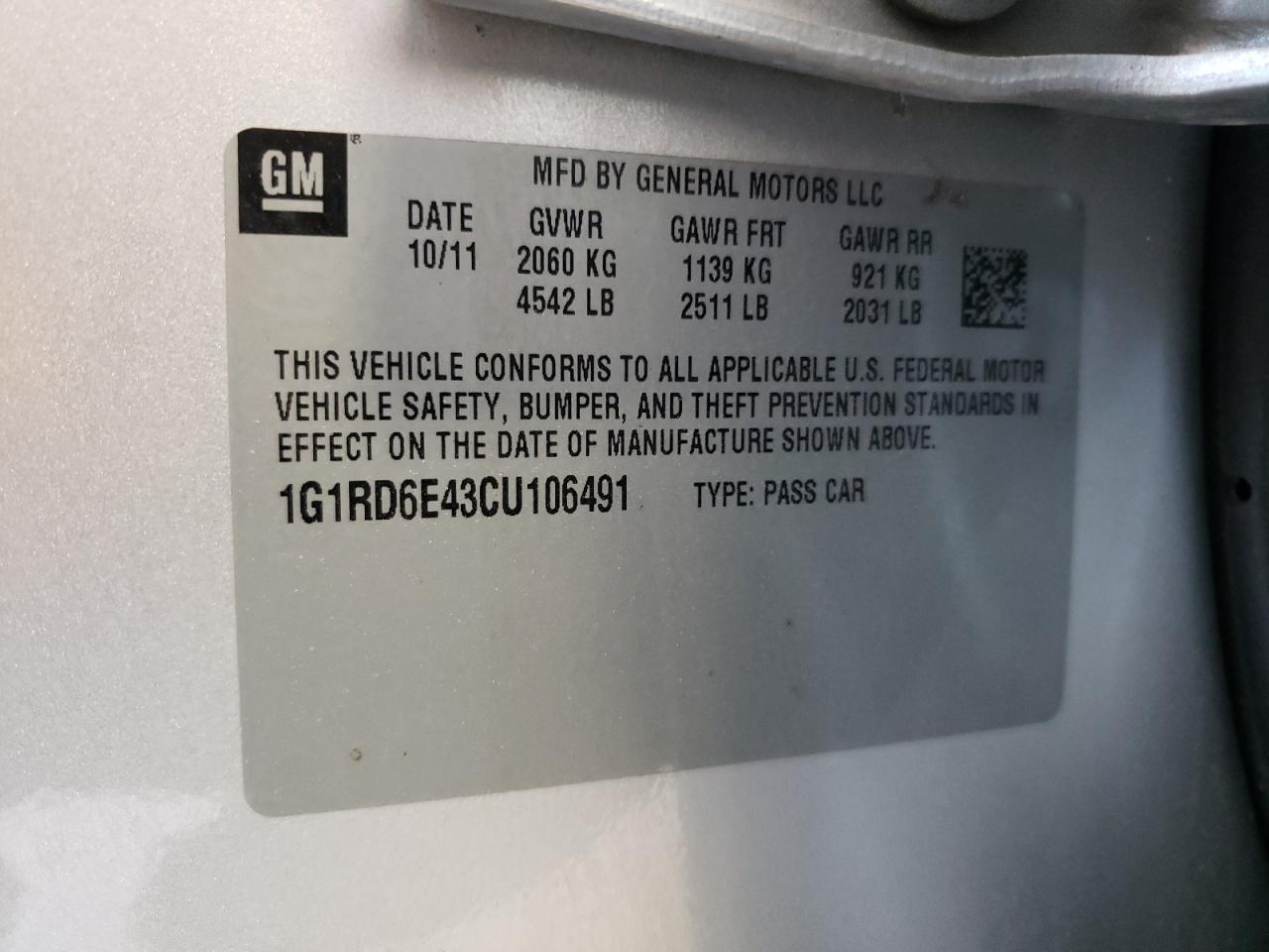 1G1RD6E43CU106491 2012 Chevrolet Volt