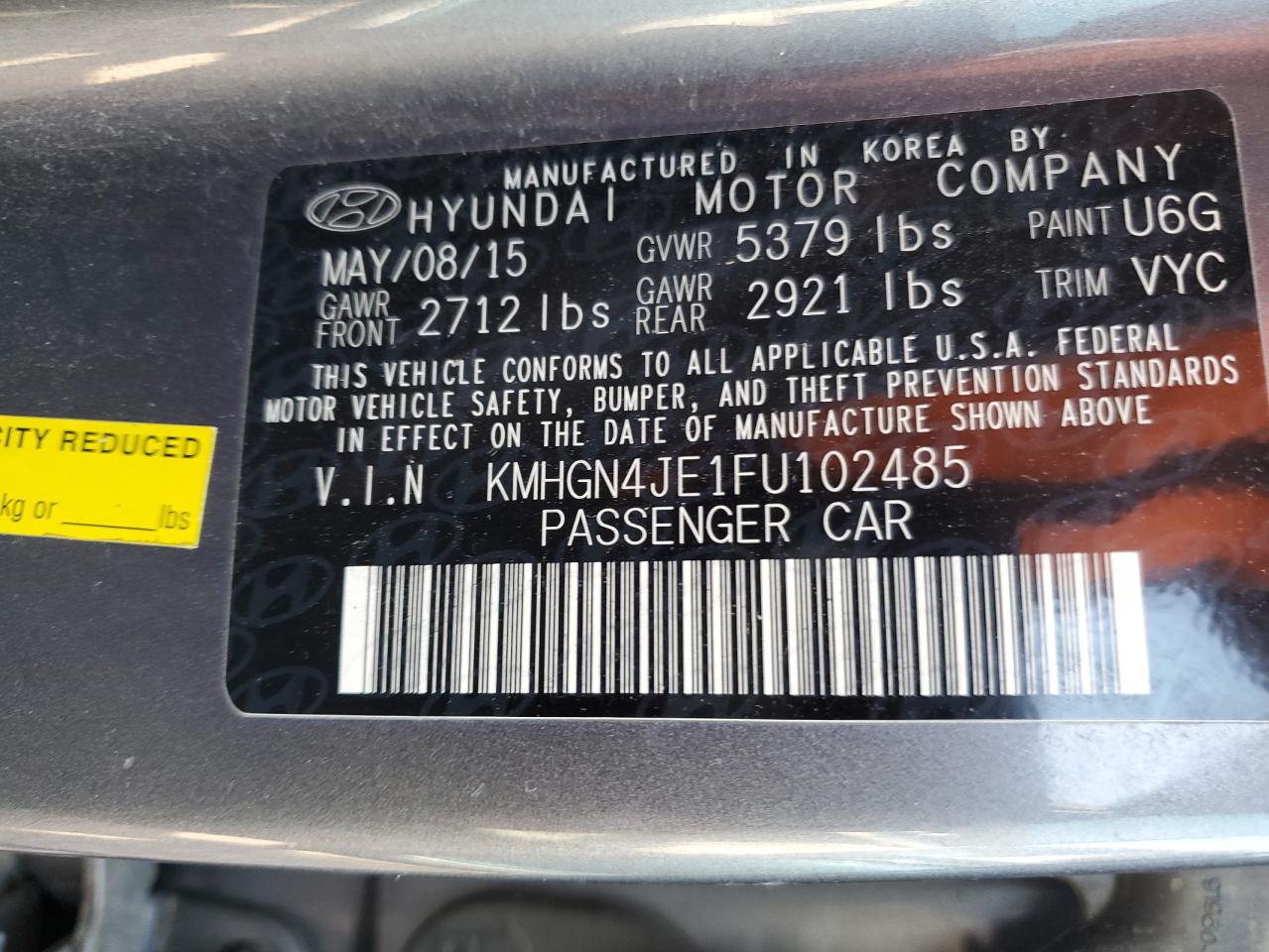 KMHGN4JE1FU102485 2015 Hyundai Genesis 3.8L