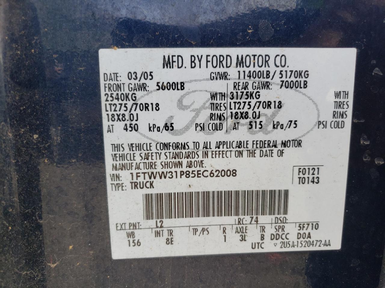 1FTWW31P85EC62008 2005 Ford F350 Srw Super Duty