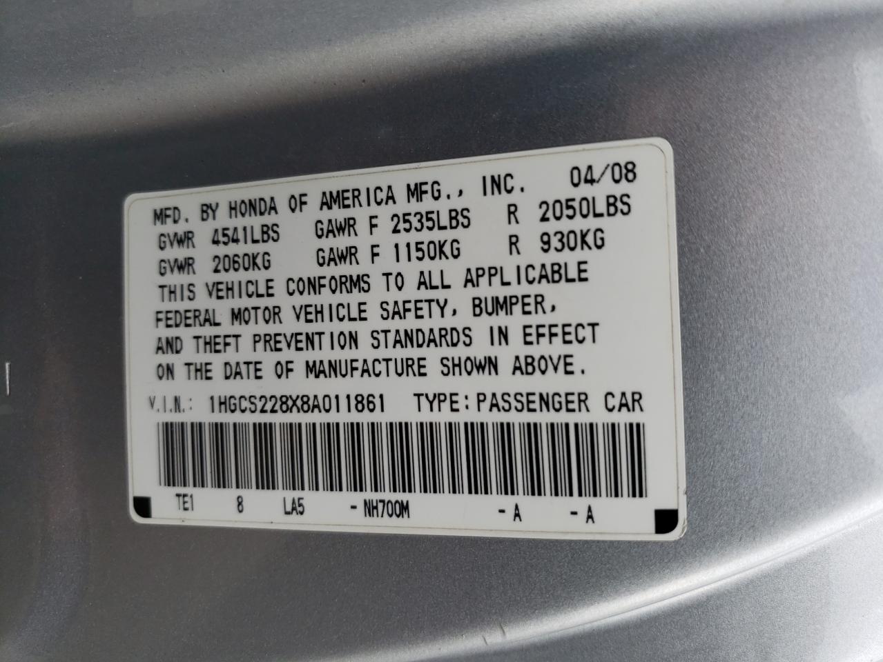 1HGCS228X8A011861 2008 Honda Accord Exl