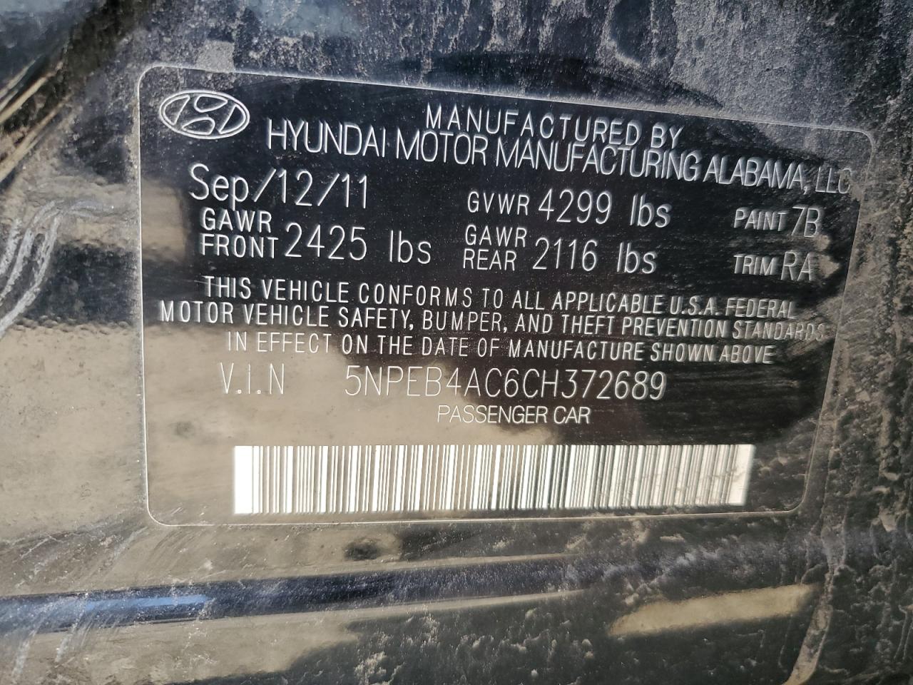 5NPEB4AC6CH372689 2012 Hyundai Sonata Gls