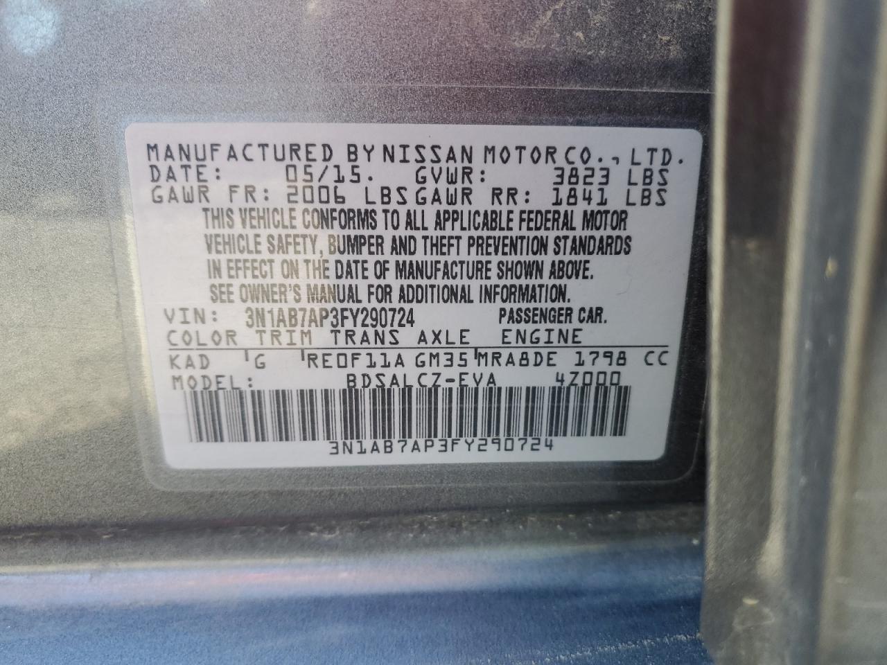 3N1AB7AP3FY290724 2015 Nissan Sentra S