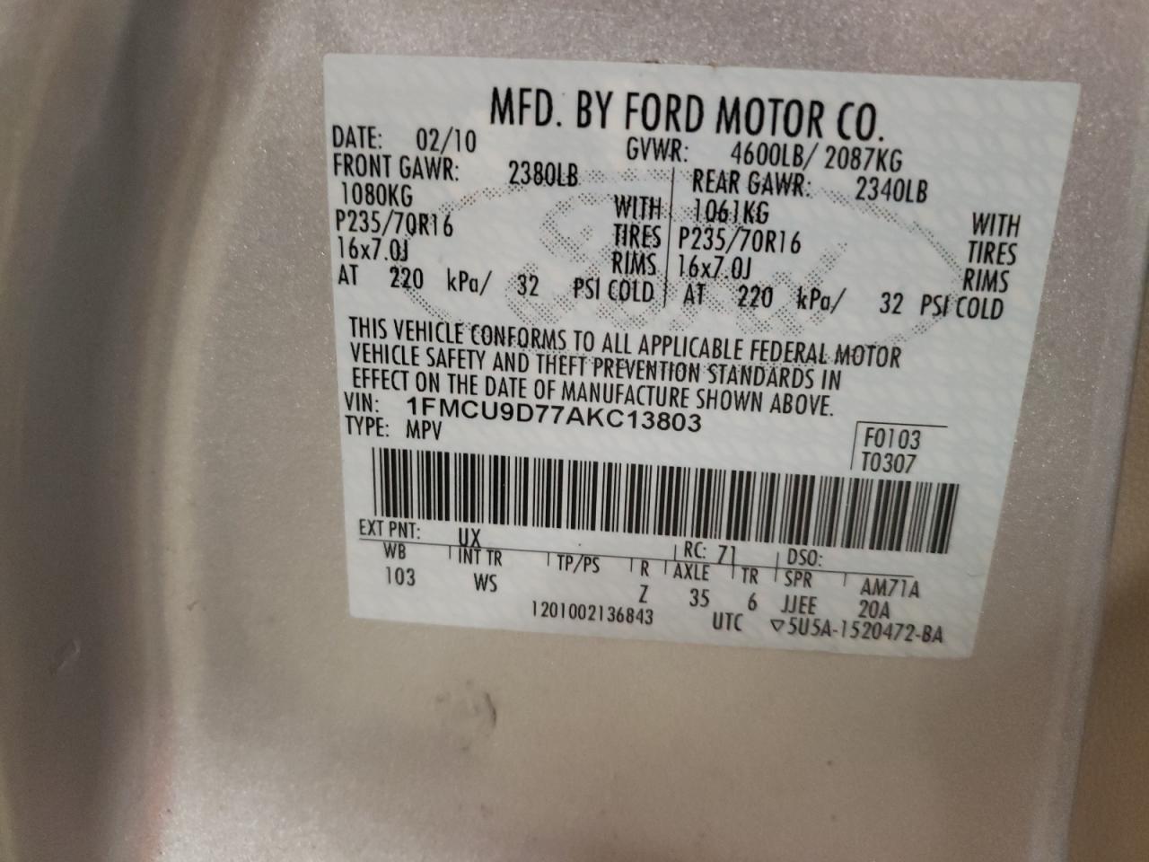 1FMCU9D77AKC13803 2010 Ford Escape Xlt