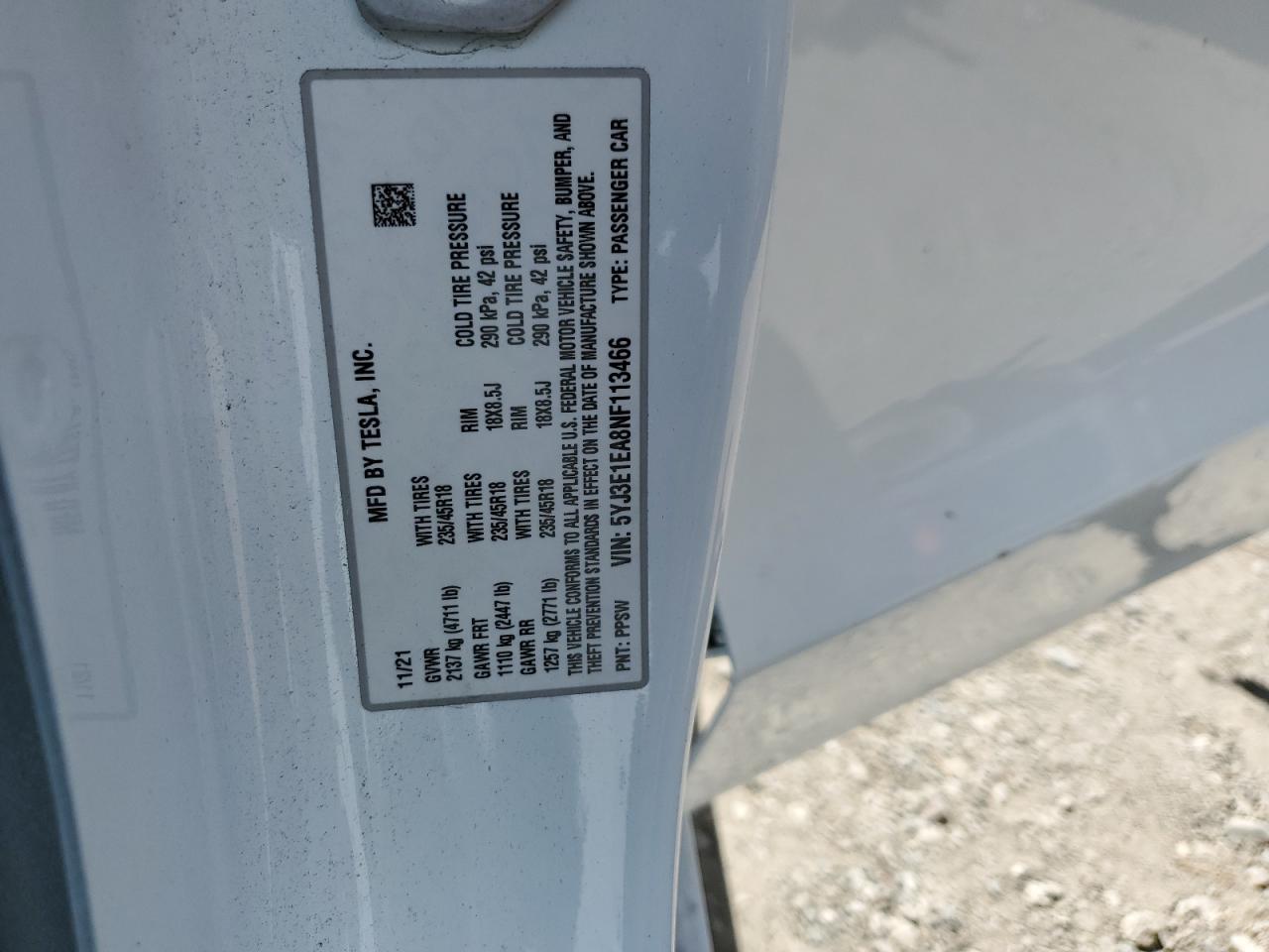 5YJ3E1EA8NF113466 2022 Tesla Model 3