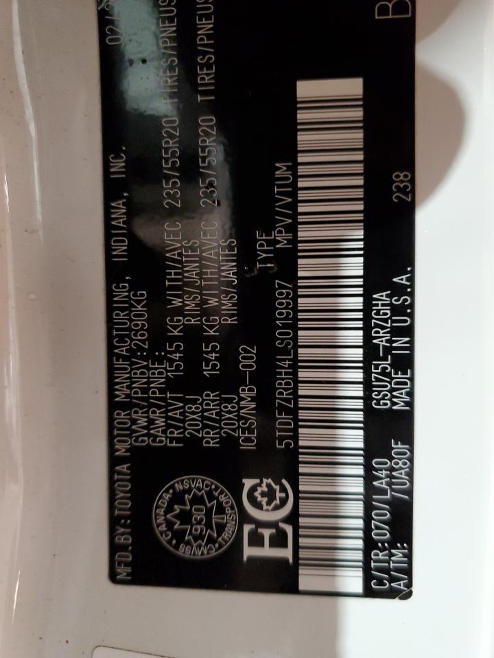 5TDFZRBH4LS019997 2020 Toyota Highlander Platinum