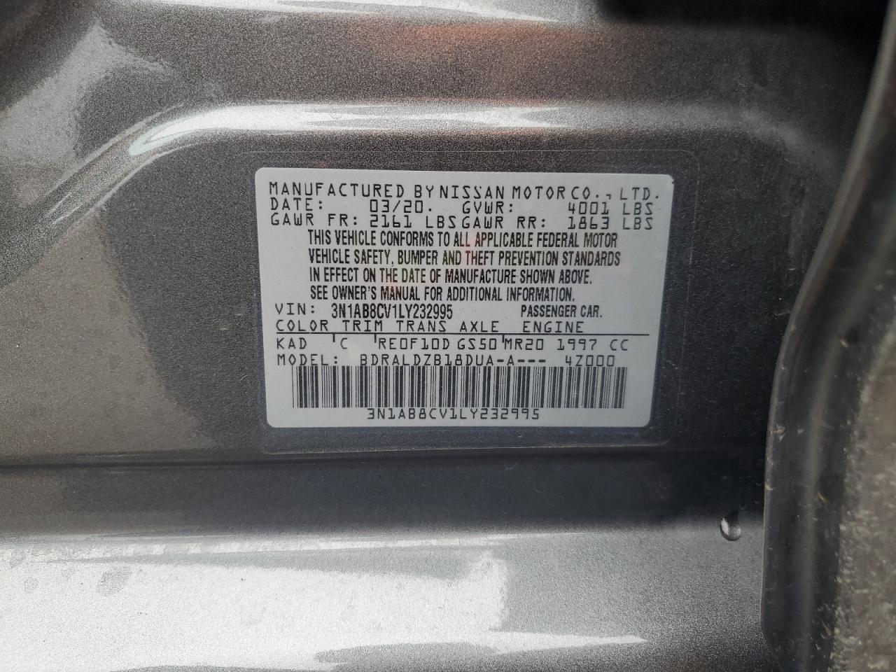 3N1AB8CV1LY232995 2020 Nissan Sentra Sv