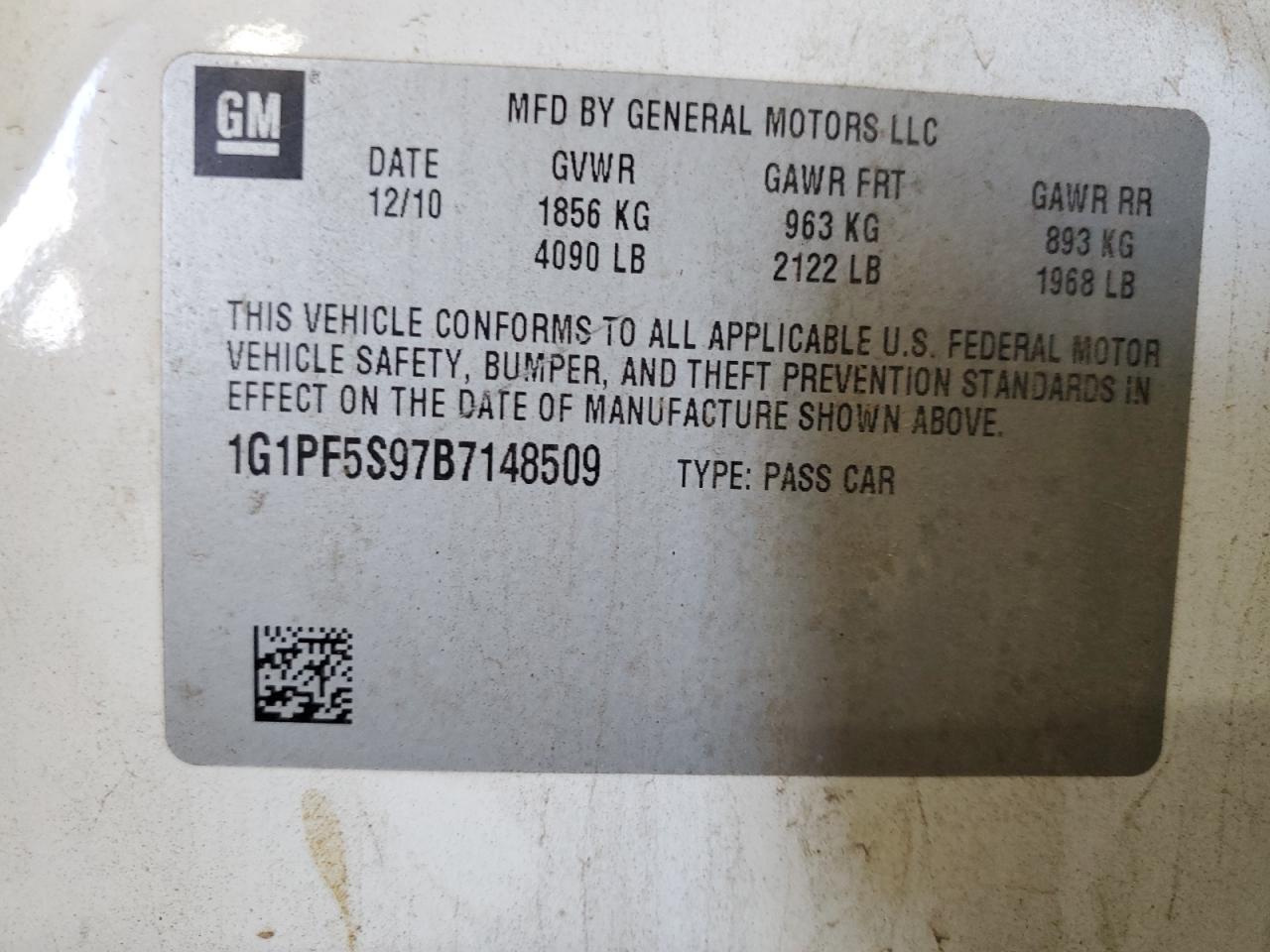 1G1PF5S97B7148509 2011 Chevrolet Cruze Lt