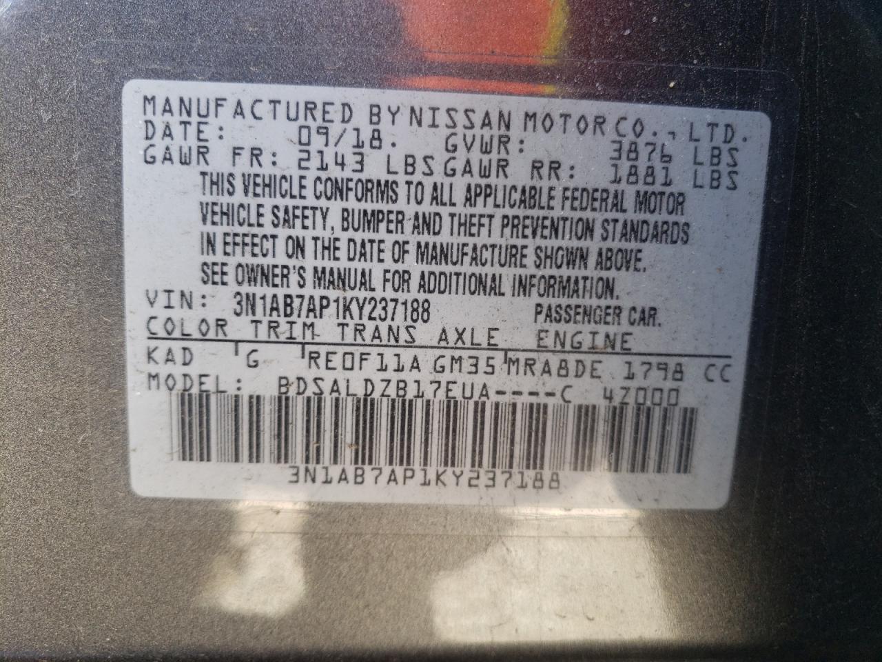 3N1AB7AP1KY237188 2019 Nissan Sentra S