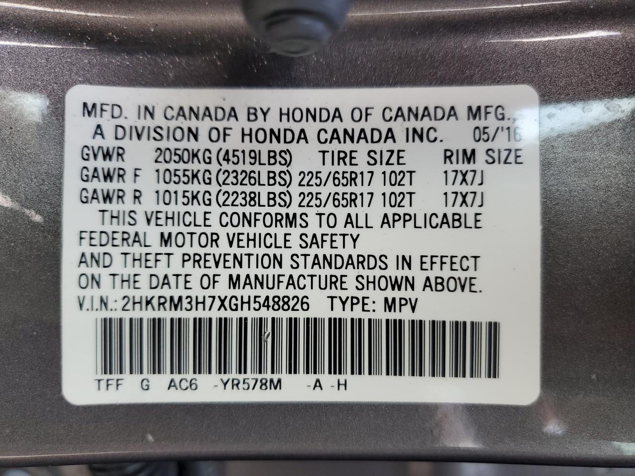 2HKRM3H7XGH548826 2016 Honda Cr-V Exl