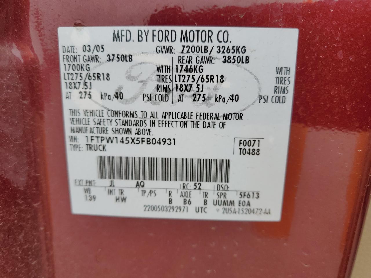 1FTPW145X5FB04931 2005 Ford F150 Supercrew