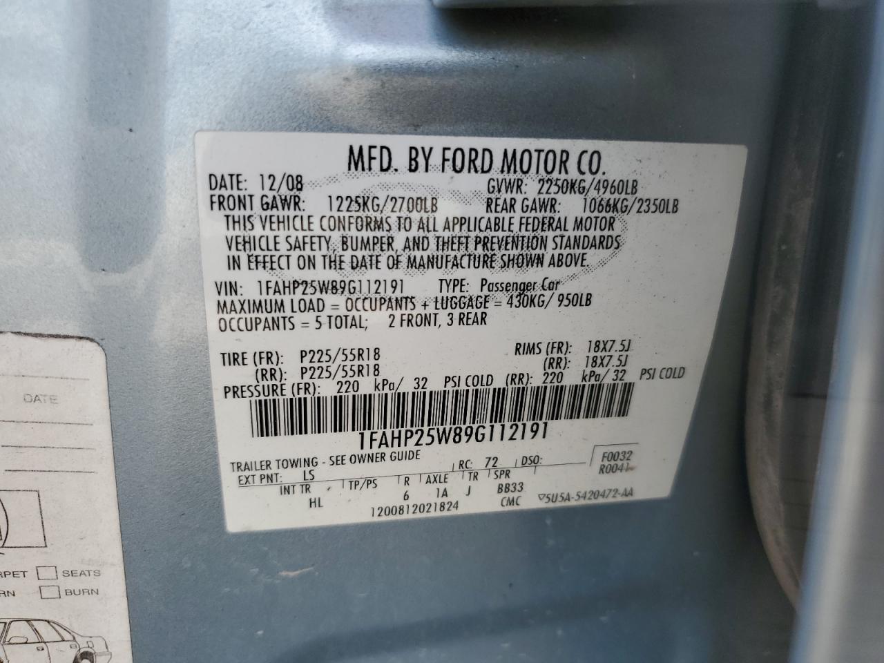 1FAHP25W89G112191 2009 Ford Taurus Limited