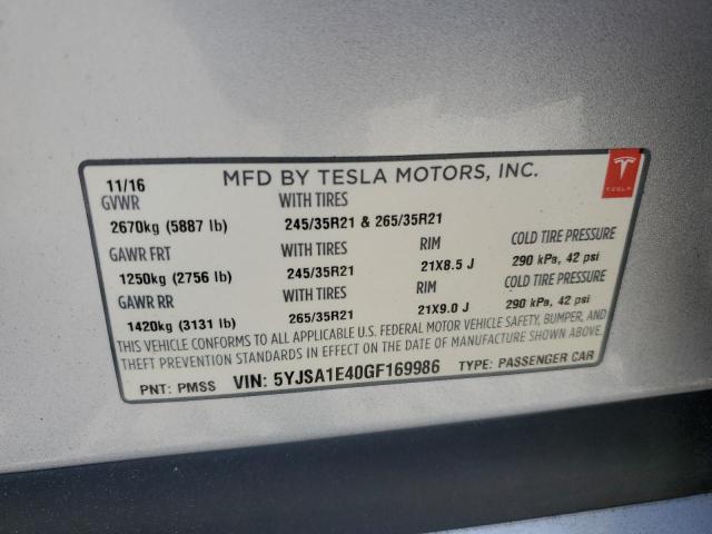 2016 Tesla Model S VIN: 5YJSA1E40GF169986 Lot: 52694564