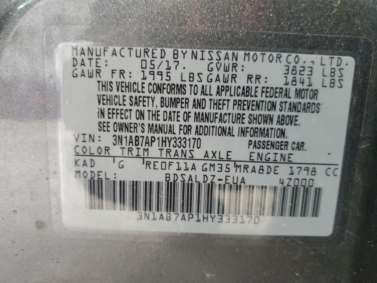 3N1AB7AP1HY333170 2017 Nissan Sentra S