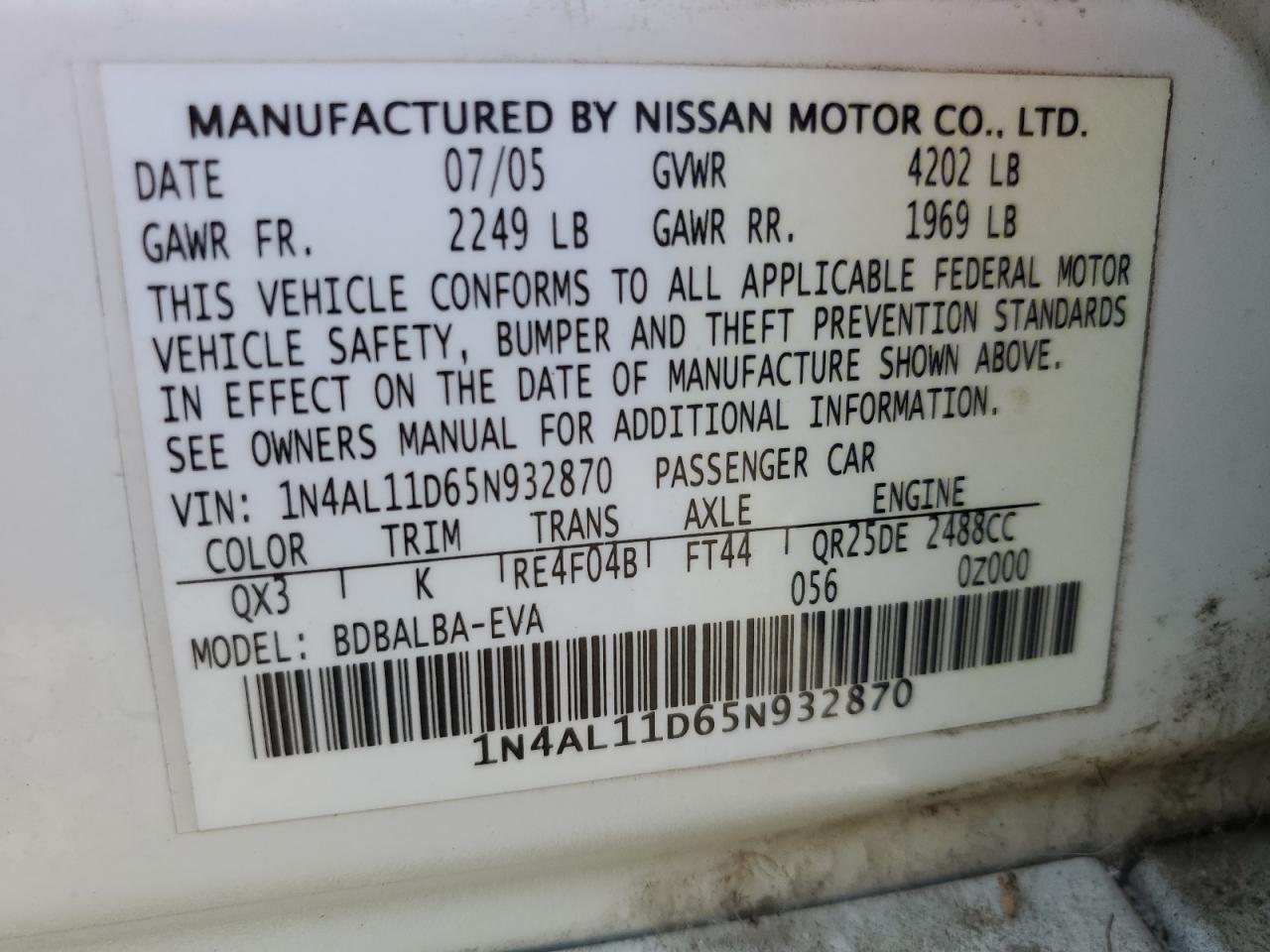 1N4AL11D65N932870 2005 Nissan Altima S