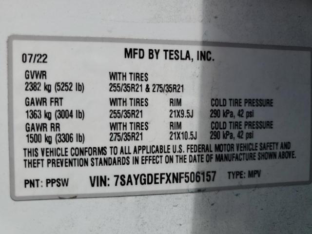 2022 Tesla Model Y VIN: 7SAYGDEFXNF506157 Lot: 49894694