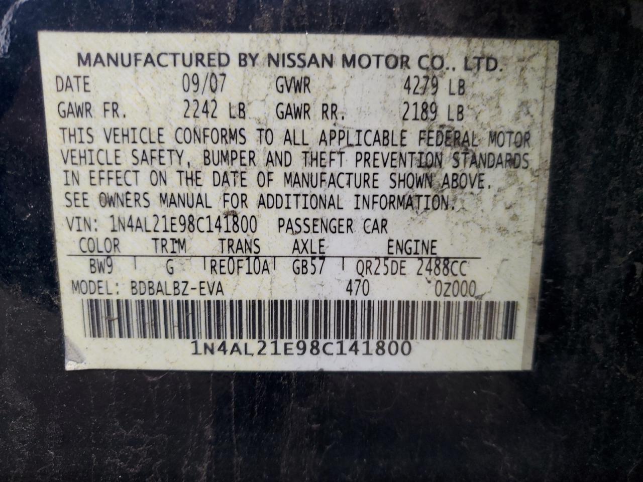 1N4AL21E98C141800 2008 Nissan Altima 2.5