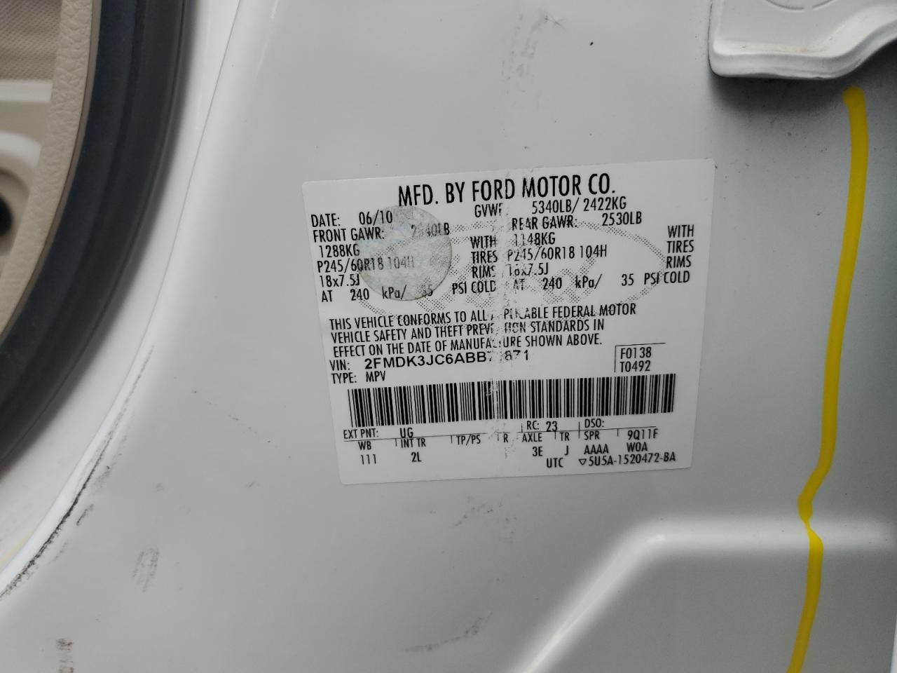 2FMDK3JC6ABB71871 2010 Ford Edge Sel