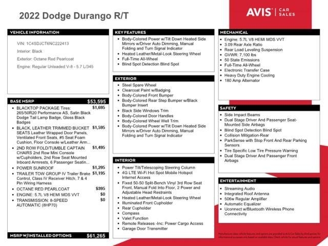 2022 DODGE DURANGO R/ - 1C4SDJCT6NC222413