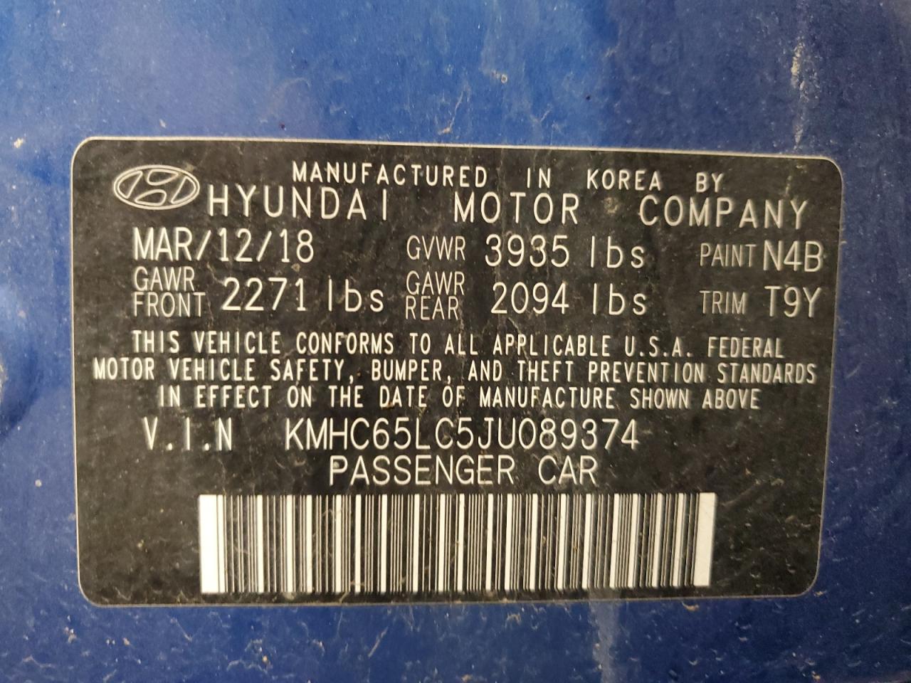 KMHC65LC5JU089374 2018 Hyundai Ioniq Blue