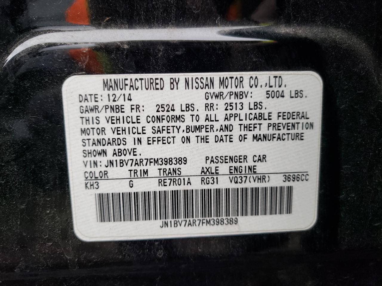 JN1BV7AR7FM398389 2015 Infiniti Q50 Base