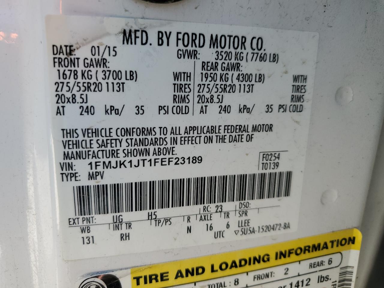 1FMJK1JT1FEF23189 2015 Ford Expedition El Xlt