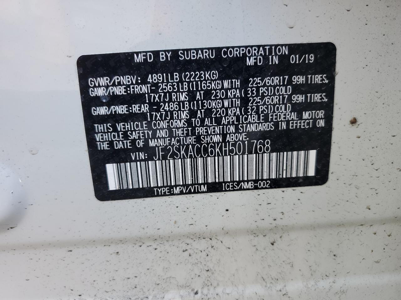 2019 Subaru Forester vin: JF2SKACC6KH501768