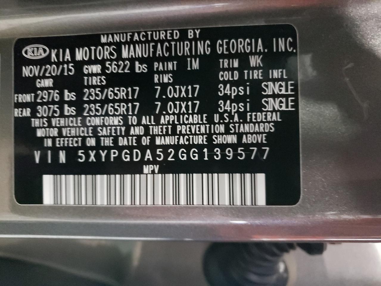 5XYPGDA52GG139577 2016 Kia Sorento Lx