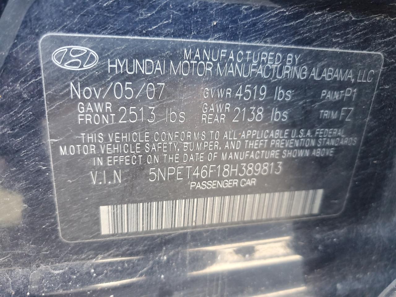 5NPET46F18H389813 2008 Hyundai Sonata Gls