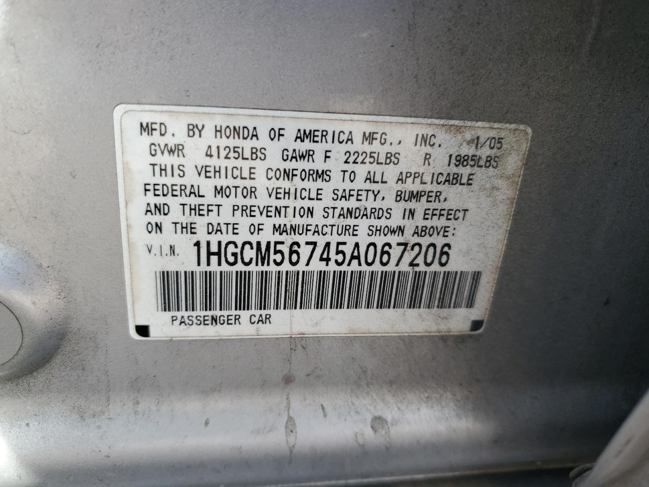 1HGCM56745A067206 2005 Honda Accord Ex
