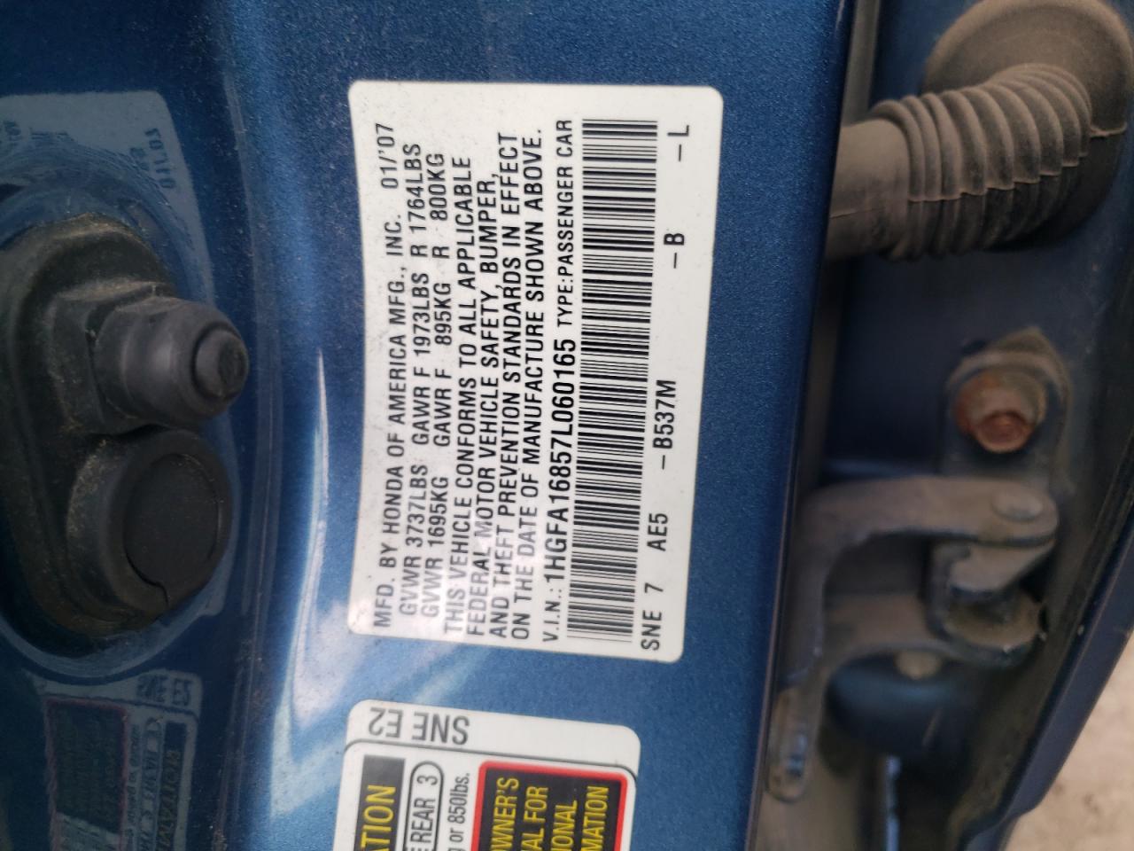 1HGFA16857L060165 2007 Honda Civic Ex