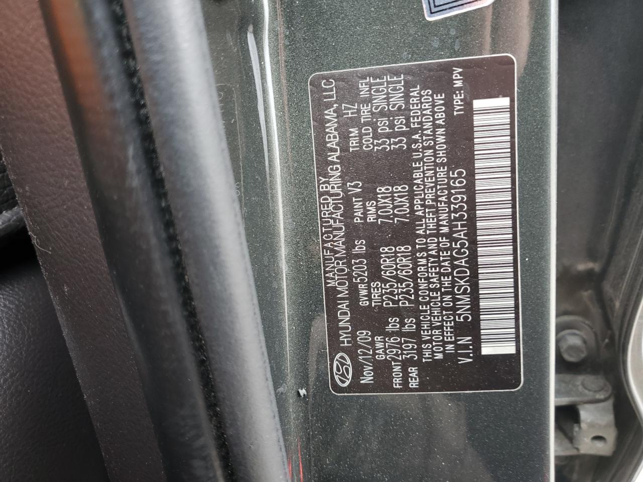 5NMSKDAG5AH339165 2010 Hyundai Santa Fe Limited