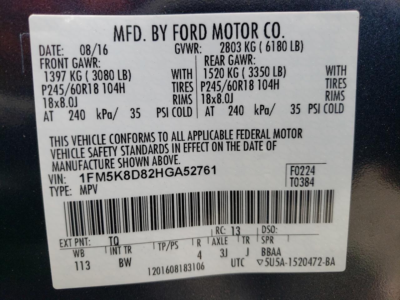 1FM5K8D82HGA52761 2017 Ford Explorer Xlt