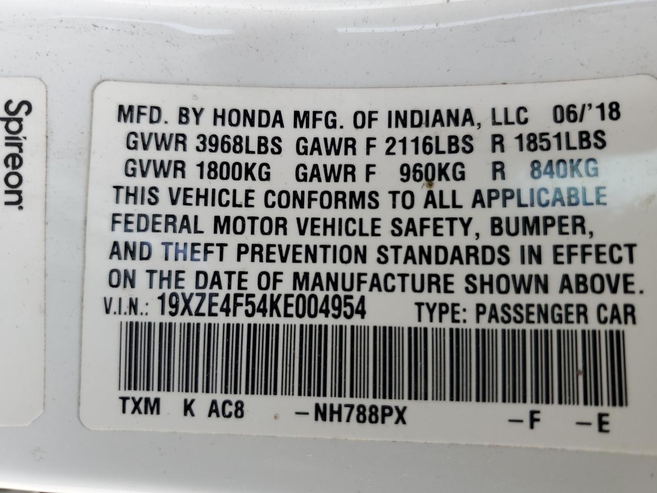 19XZE4F54KE004954 2019 Honda Insight Ex