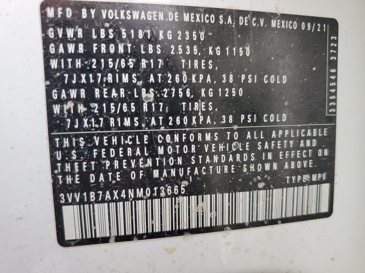 3VV1B7AX4NM013665 2022 Volkswagen Tiguan S
