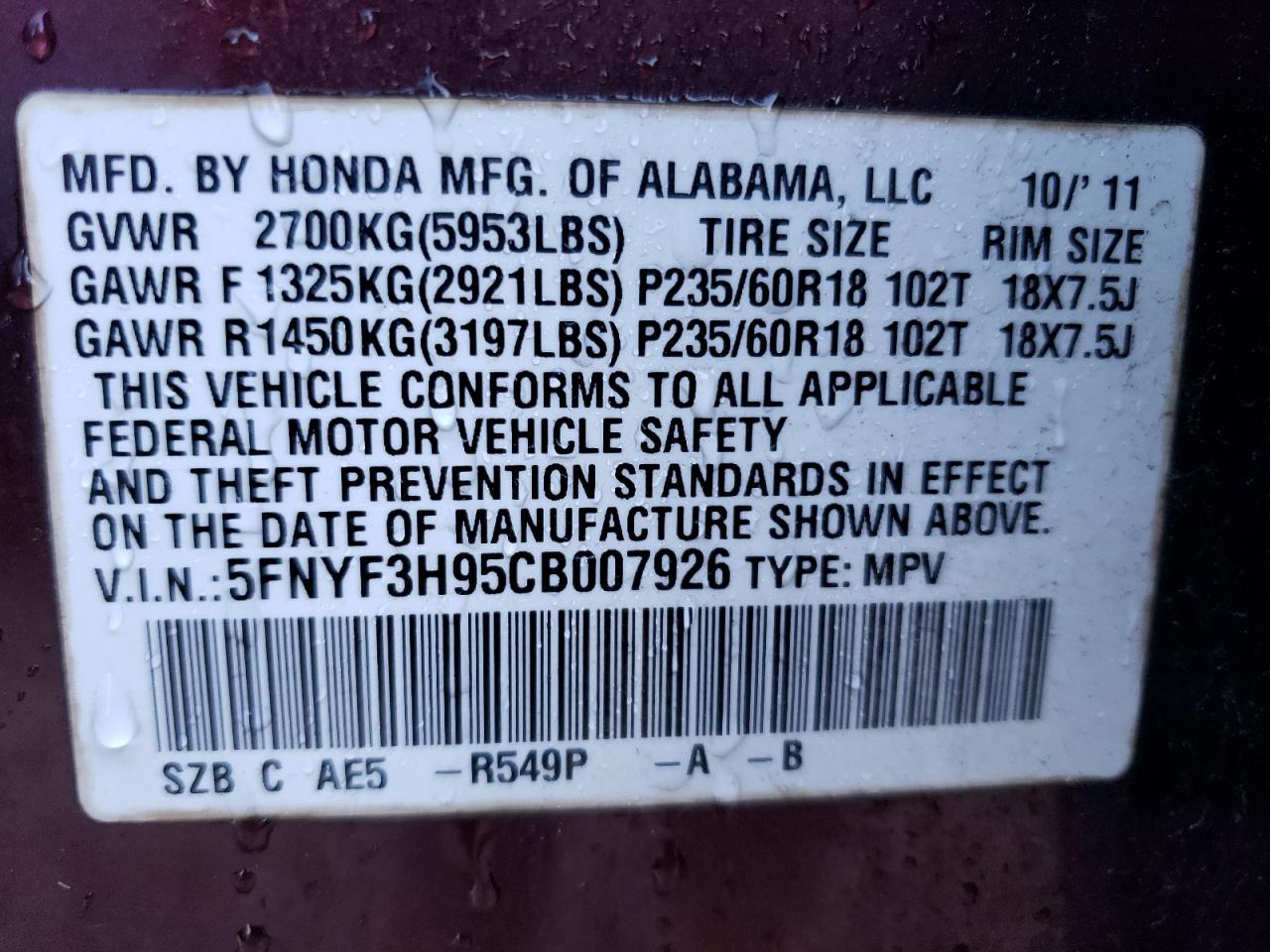 5FNYF3H95CB007926 2012 Honda Pilot Touring