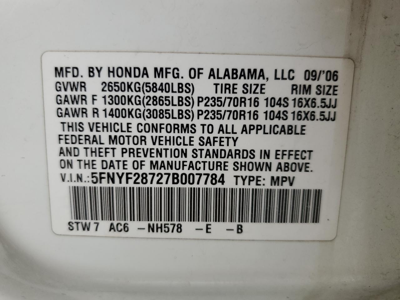 5FNYF28727B007784 2007 Honda Pilot Exl