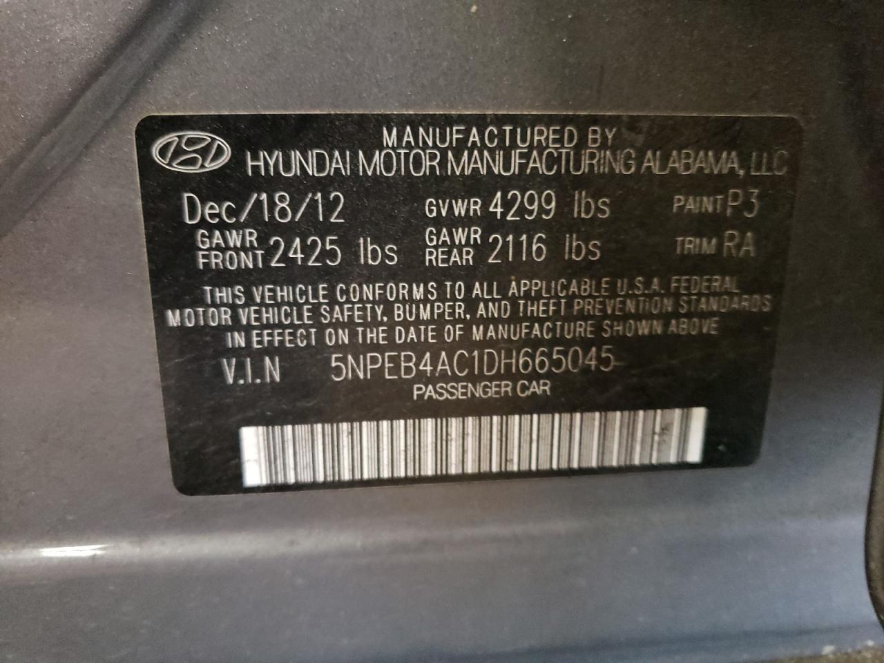 5NPEB4AC1DH665045 2013 Hyundai Sonata Gls