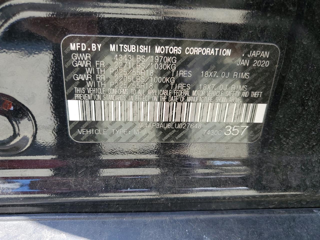 JA4AP3AU6LU027648 2020 Mitsubishi Outlander Sport Es