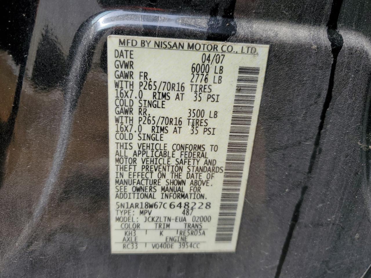 5N1AR18W67C648228 2007 Nissan Pathfinder Le