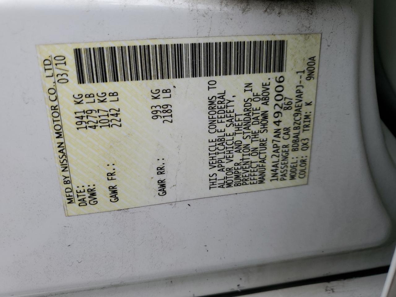 1N4AL2AP7AN492006 2010 Nissan Altima Base