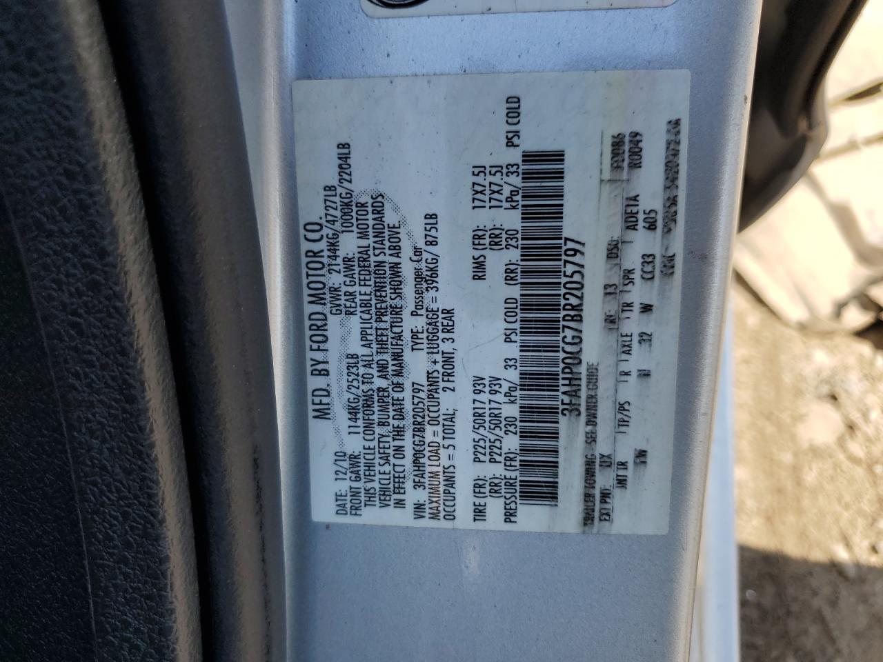 3FAHP0CG7BR205797 2011 Ford Fusion Sel