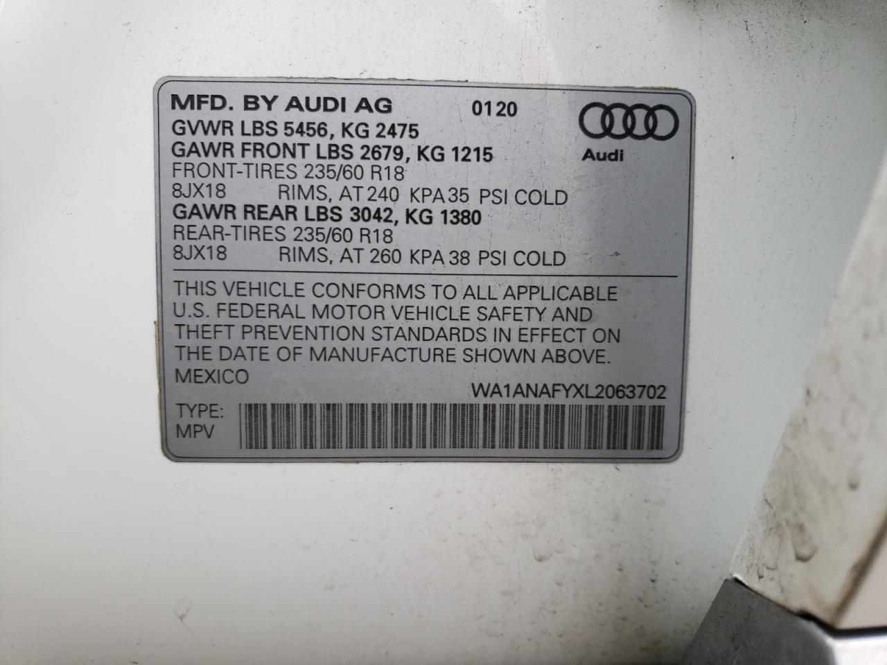 WA1ANAFYXL2063702 2020 Audi Q5 Premium